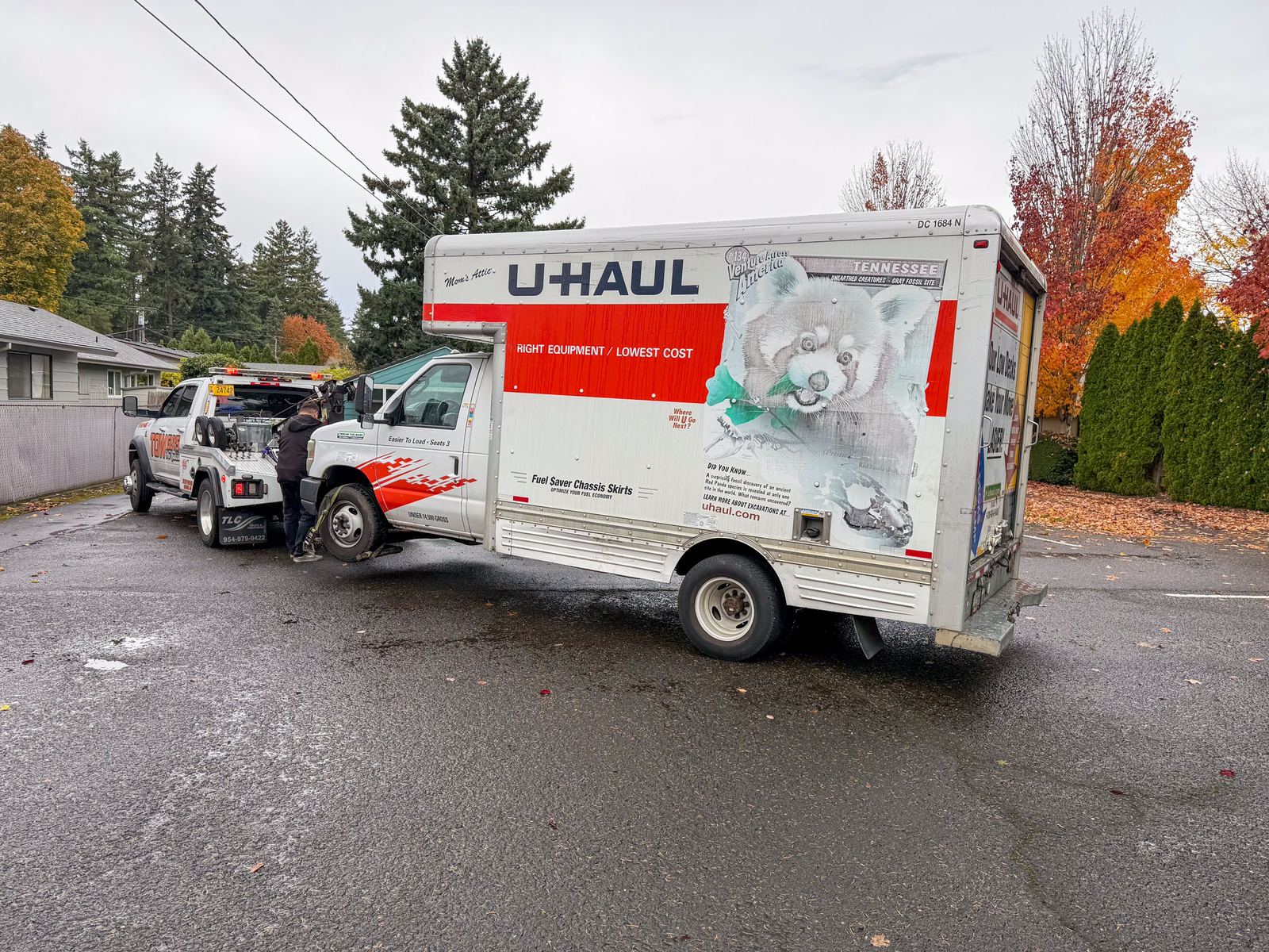 Tow Guys wrecker towing a U-Haul box truck in Gresham, Oregon